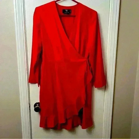 Nina Leonard Dresses & Skirts - NL by Nina Leonard- Silk Wrap Dress with Ruffle- Long Sleeve- Red- Petite 12